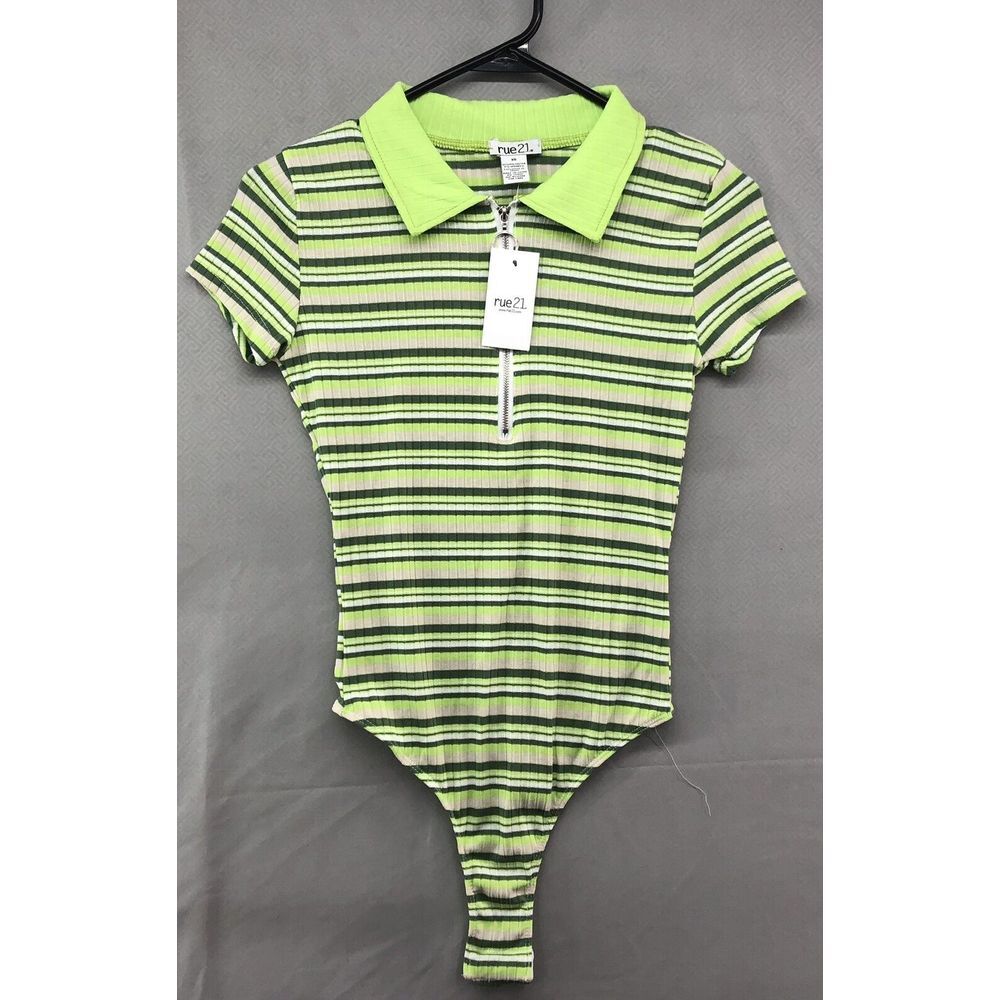 New Rue21 Short Sleeve Green Striped One Piece Bodysuit Young Adult Size L Women